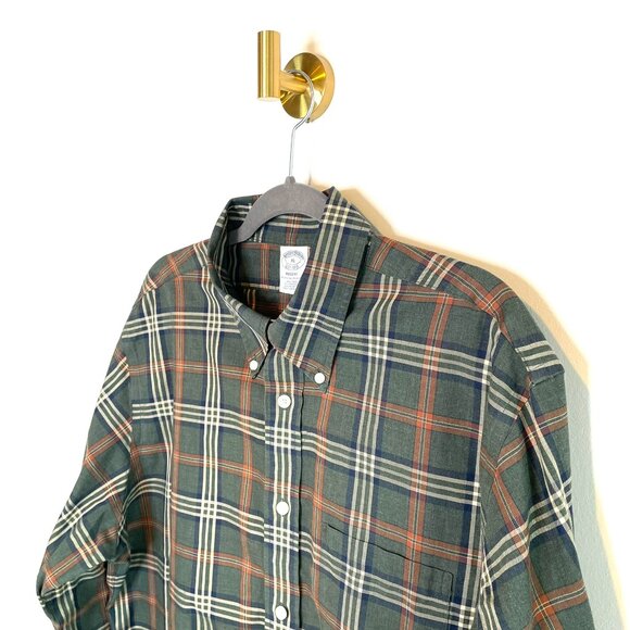 Classic | Pair of 100% Cotton Brooks Bros Button Downs | Green Plaid Blue Check - Picture 11 of 16